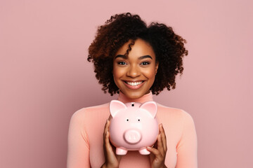 Happy African American woman holding piggy bank, looking at camera. - Powered by Adobe