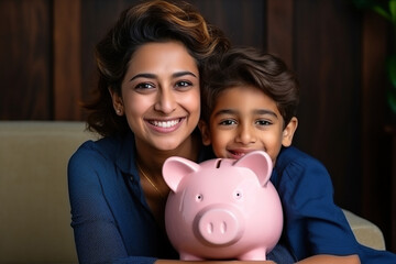 Head shot portrait of smiling Indian mother with 7s Caucasian son holding pink piggy bank, hugging and sitting on couch, happy family saving money for future