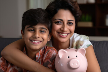 Head shot portrait of smiling Indian mother with 7s Caucasian son holding pink piggy bank, hugging and sitting on couch, happy family saving money for future