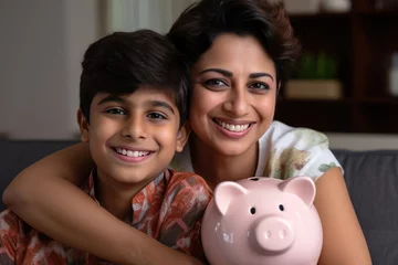 Fotobehang Head shot portrait of smiling Indian mother with 7s Caucasian son holding pink piggy bank, hugging and sitting on couch, happy family saving money for future © AI_images