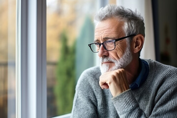 Head shot thoughtful upset mature 60s man looking out window at home alone, touching chin, lost in thoughts