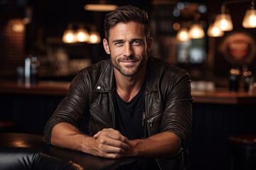 Fototapeta na wymiar Portrait of a handsome man in a leather jacket sitting at the bar