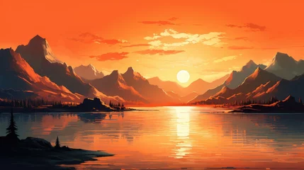 Vitrage gordijnen Koraal sky water lake sun landscape illustration travel majestic, mountain background, scenery reflection sky water lake sun landscape