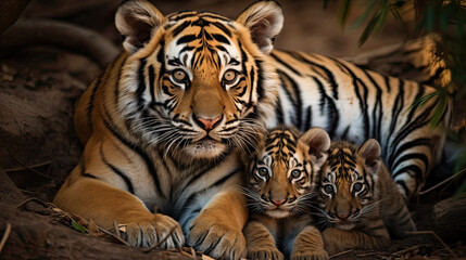 Obraz premium A protective tigress nurturing her cubs, a tender moment in the wild Ai Generative