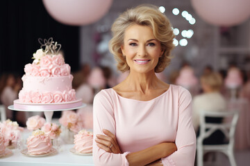 Portrait of happy mature woman with cake at birthday party on background - obrazy, fototapety, plakaty