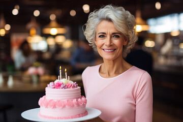 Portrait of happy mature woman with cake at birthday party on background - Powered by Adobe