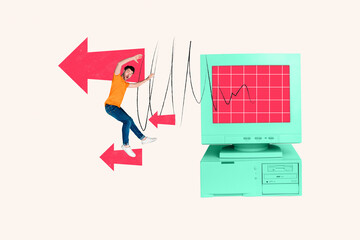 Composite collage illustration of young guy watching his cardio pulse and heart rate monitoring at computer isolated on beige background