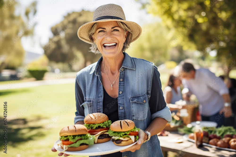 Wall mural Portrait of smiling mature woman eating hamburger at picnic in park