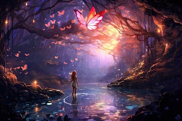 Dziewczynka z motylami w bajecznym lesie.  - obrazy, fototapety, plakaty