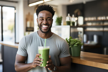 Portrait of smiling African American man holding green smoothie in fitness studio