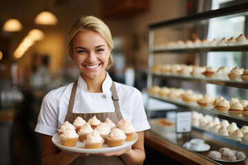 Portrait of smiling female pastry chef holding cupcakes in a bakery