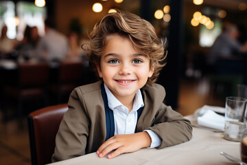 Portrait of smiling little boy sitting at table in cafe and looking at camera - obrazy, fototapety, plakaty