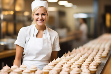 Portrait of smiling female pastry chef holding cupcakes in a bakery - obrazy, fototapety, plakaty