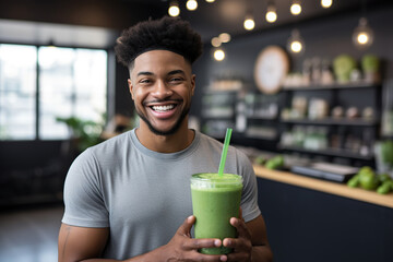 Portrait of smiling African American man holding green smoothie in fitness studio - obrazy, fototapety, plakaty