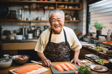 Portrait of smiling senior man standing at sushi table in kitchen at home - Powered by Adobe