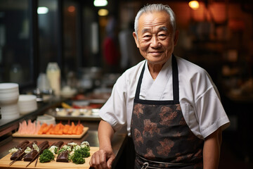 Portrait of smiling senior man standing at sushi table in kitchen at home