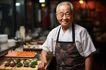 Selbstklebende Fototapeten Portrait of smiling senior man standing at sushi table in kitchen at home © AI_images