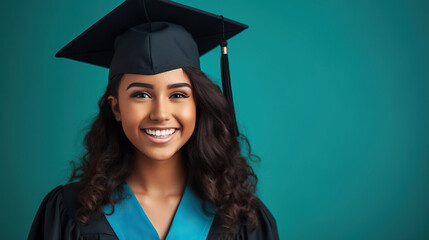 Portrait of young African American smiling female student in hat and gown posing in blue background. Successful graduation from university. Concept of education.