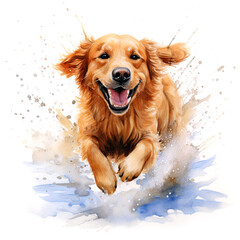 Beautiful golden retriever dog running through a puddle. Watercolour painting isolated on white background. - obrazy, fototapety, plakaty