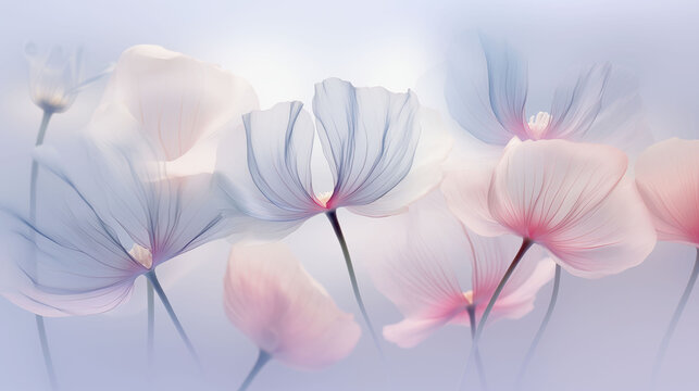 Tender ethereal flowers, gentle soft bokeh light. Light airy delicate background