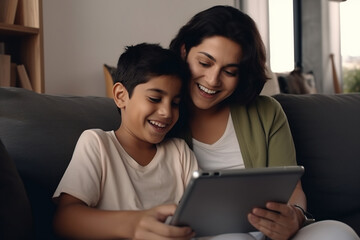 Smiling Latin mother with son using tablet at home, relaxing sitting on cozy couch together.