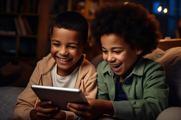 Head shot portrait two African American boy using tablet at home.