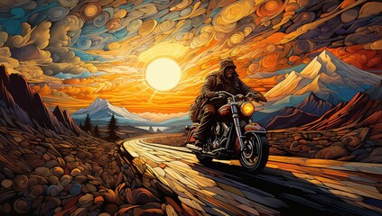Motocyklista podróżujący o zachodzie słońca.  - obrazy, fototapety, plakaty