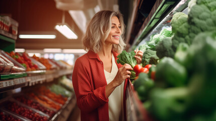 Senior smiling gray-haired woman chooses green vegetables in supermarket, dressed in stylish clothes walking among fresh products in store - obrazy, fototapety, plakaty