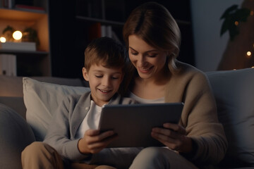 Smiling mother with son using tablet at home, relaxing sitting on cozy couch together, loving young mom and 5s boy child looking at gadget screen, watching video or cartoons, playing games