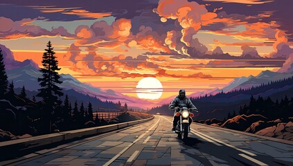 Motocyklista podróżujący o zachodzie słońca.  - obrazy, fototapety, plakaty