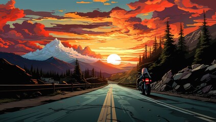 Motocyklista podróżujący o zachodzie słońca. 