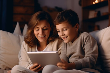 Smiling mother with son using tablet at home, relaxing sitting on cozy couch together, loving young mom and 5s boy child looking at gadget screen, watching video or cartoons, playing games