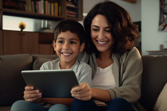 Smiling Latin mother with son using tablet at home, relaxing sitting on cozy couch together.
