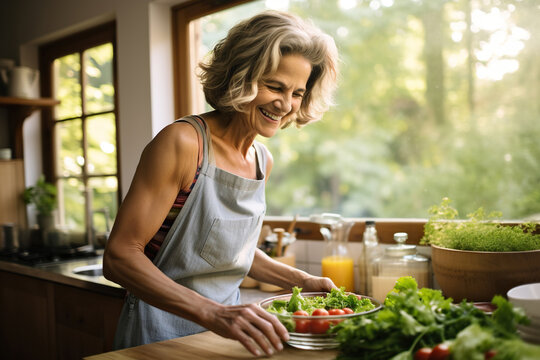 Smiling Mature Woman In Eyeglasses Cooking Salad In Kitchen At Home