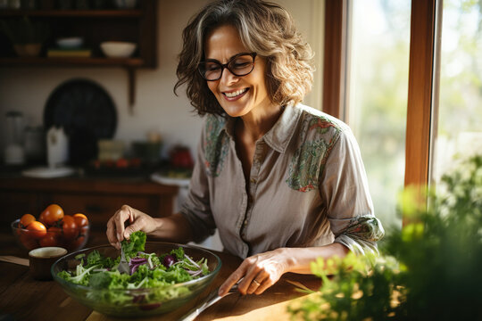 Smiling Mature Woman In Eyeglasses Cooking Salad In Kitchen At Home