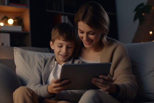 Smiling mother with son using tablet at home, relaxing sitting on cozy couch together, loving young mom and 5s boy child looking at gadget screen, watching video or cartoons, playing games