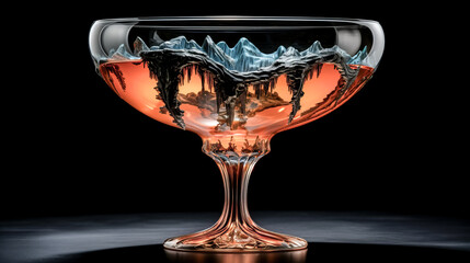 A coupe glass is seen upside down in the image. It reflects ambient light and creates a mesmerizing pattern of shadows and highlights.