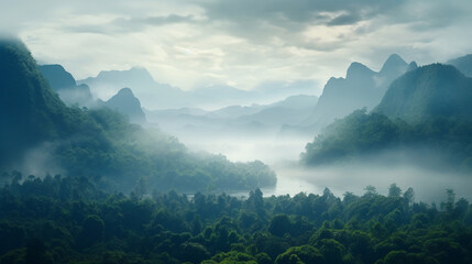 A landscape of a jungle in the fog