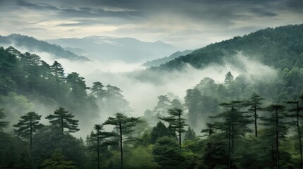 forest valley wood fog landscape illustration nature mountain, background mist, tree weather forest...