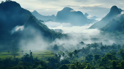 A landscape of a jungle in the fog