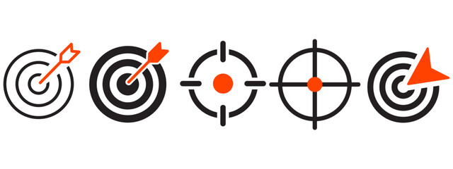 Target icon set . Set of Aim, Target and Goal icons. Editable line vector. Symbol of a gun sight, purpose with a red arrow in the middle. Eps10 vector illustration. - obrazy, fototapety, plakaty