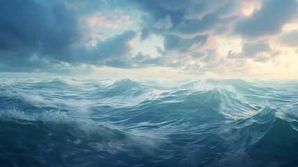 Waves in an ocean under cloudy sky