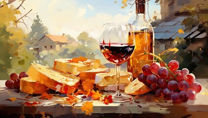 Wino z włoskiej winnicy i sery dojrzewające na wiejskim stole  - obrazy, fototapety, plakaty