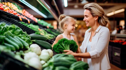 Fotobehang Stylish young woman mother standing near counters in green department in supermarket and smiling at child who sitting, mom holding fresh veg © MYDAYcontent
