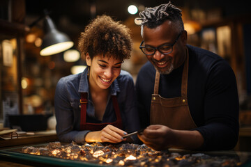 Portrait of a happy smiling mature couple in a studio or workshop with a sketch and material for their future joint crafted masterpiece. Shared hobbies and work strengthen family relationships.