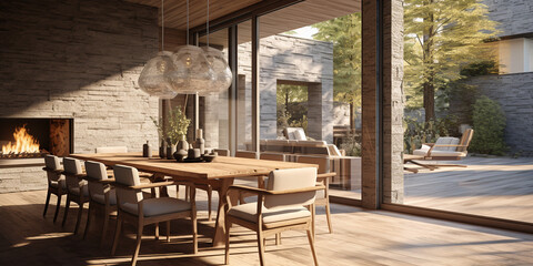 Sunny dining space with fireplace and outdoor deck access. ai generative