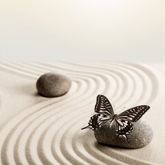 zen garden with round meditation stone and butterfly