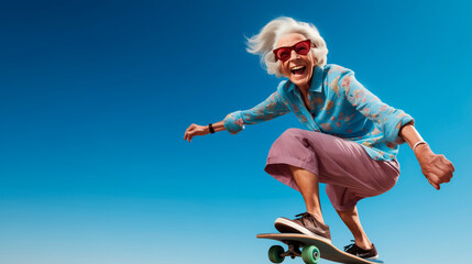 Charming funny older woman dressed in fashionable attire, skillfully using skateboard against backdrop of blue sky - obrazy, fototapety, plakaty