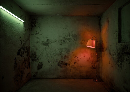 Old, grunge empty basement room with elegant lamp and copy space