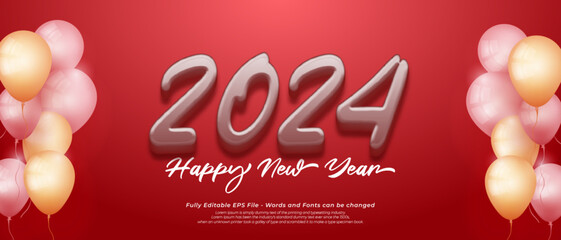 Happy new year 2024 red background with editable number three dimension text style